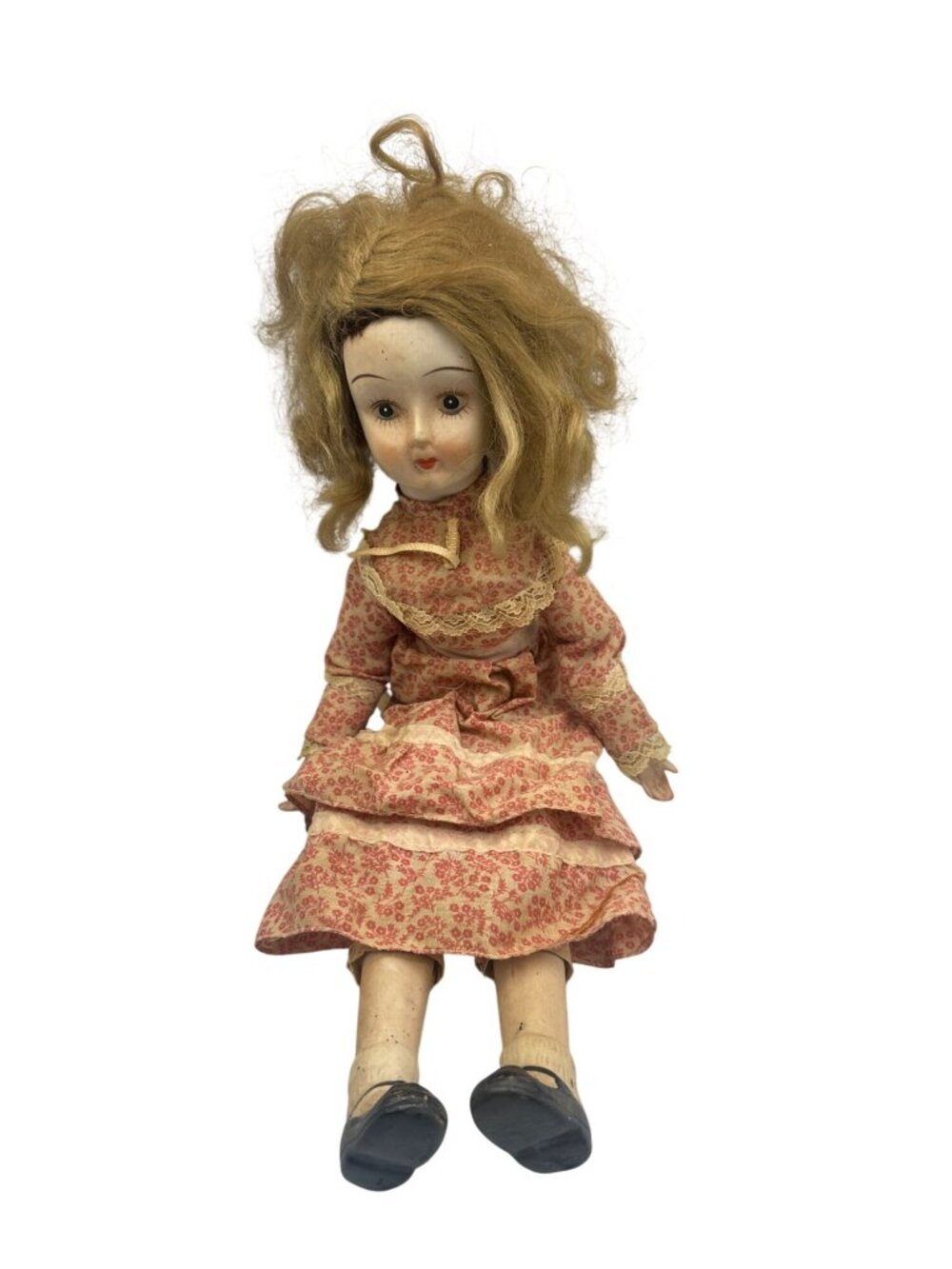Antique Porcelain Doll With Floral Dress Blonde Hair & Lace Accents